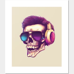 synthwave skull with headphones and sunglasses Posters and Art